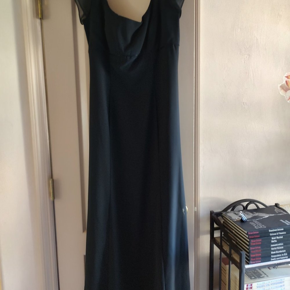 BLACK A-LINE BRIDESMAID GOWN W/BEADING & FLUTTER SLEEVES